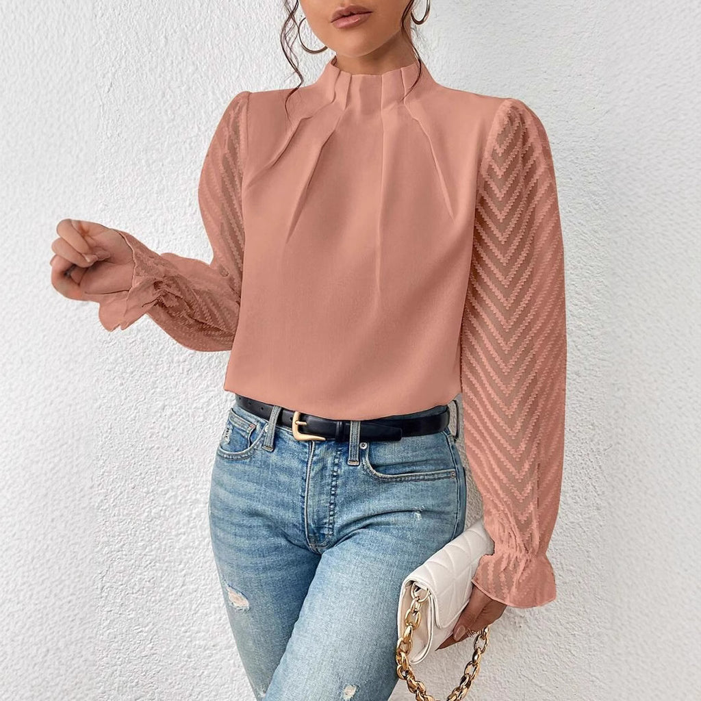 Women's High Neck Spliced Wave Pattern Chiffon Long Sleeve Top