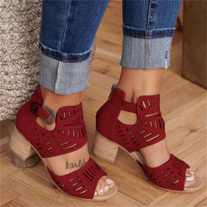 Women's Cutout Wedge Sandals – Peep Toe Buckle Strap Mid Heel Summer Shoes