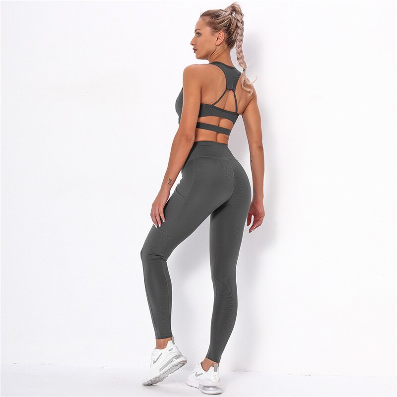 Women's Striped Yoga Set – Sports Bra & High-Waist Leggings Workout Set