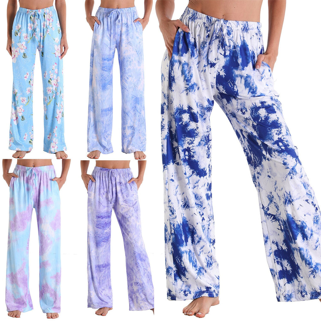 Women's Printed Wide Leg Pants – Casual Lace-Up Drawstring Beach Trousers