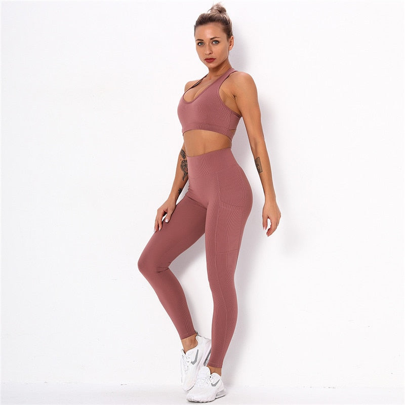 Women's Striped Yoga Set – Sports Bra & High-Waist Leggings Workout Set