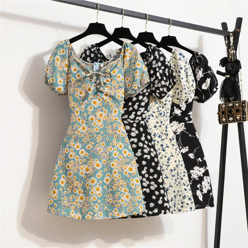 Women's Floral Chiffon Mini Dress – Puff Sleeve Shirred Summer Casual Dress