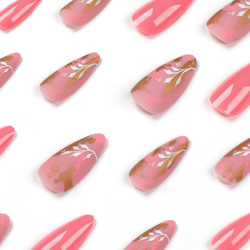 Pink Floral Gold Foil Press-On Nails – Removable Almond False Nails with White Flower Nail Art