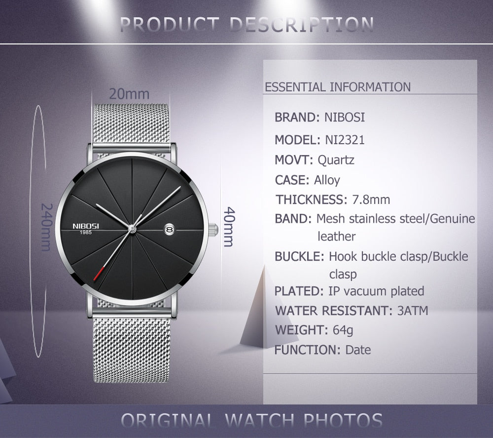 NIBOSI Men's Ultra-Thin Quartz Watch – Luxury Waterproof Stainless Steel Business Watch