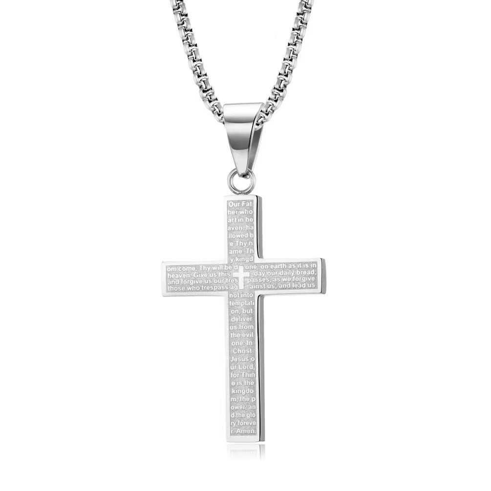 Scripture Cross Pendant Necklace – Titanium Steel Christian Box Chain Necklace
