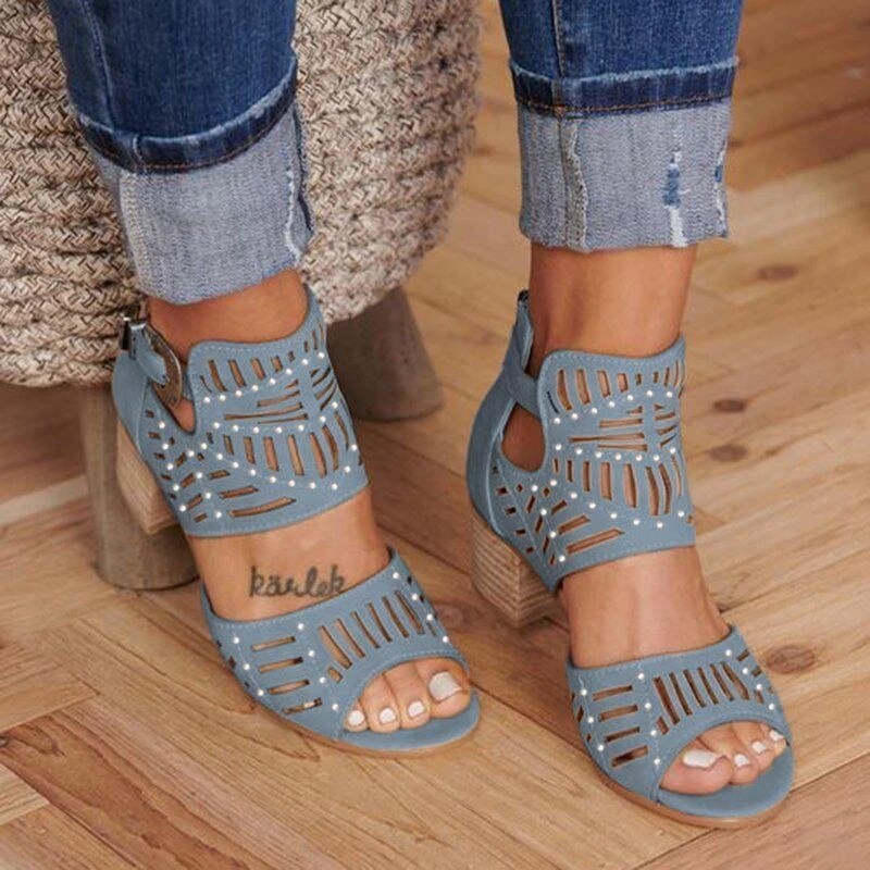 Women's Cutout Wedge Sandals – Peep Toe Buckle Strap Mid Heel Summer Shoes