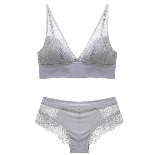 Women's Wireless Lace Bra & Panty Set – Push-Up Seamless Jacquard Lingerie Set