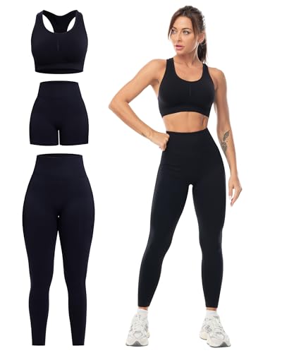 SALSPOR Women's 3 Piece Workout Set Butt Lifting Leggings High Impact Sports Bra Gym Shorts