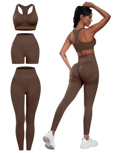 SALSPOR Women's 3 Piece Workout Set Butt Lifting Leggings High Impact Sports Bra Gym Shorts