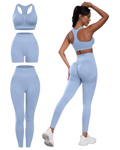 SALSPOR Women's 3 Piece Workout Set Butt Lifting Leggings High Impact Sports Bra Gym Shorts