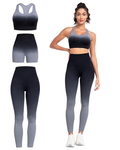 SALSPOR Women's 3 Piece Workout Set Butt Lifting Leggings High Impact Sports Bra Gym Shorts