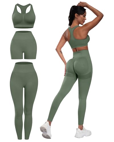 SALSPOR Women's 3 Piece Workout Set Butt Lifting Leggings High Impact Sports Bra Gym Shorts