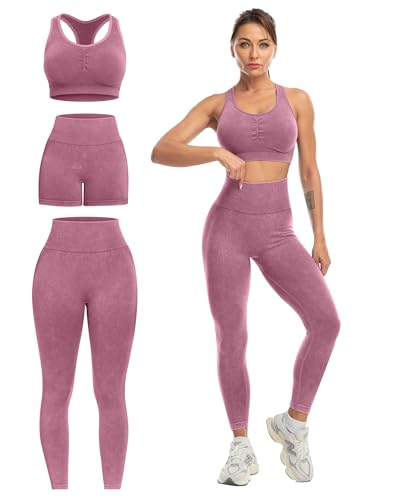 SALSPOR Women's 3 Piece Workout Set Butt Lifting Leggings High Impact Sports Bra Gym Shorts