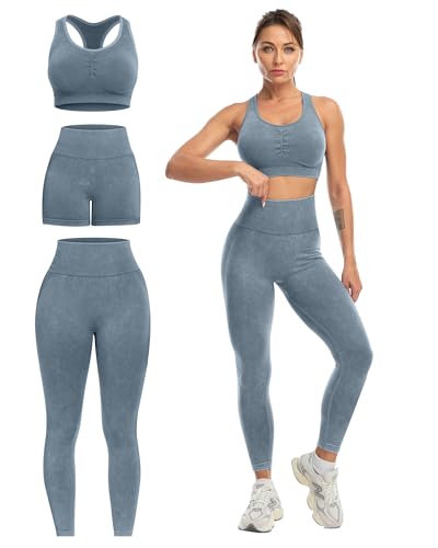 SALSPOR Women's 3 Piece Workout Set Butt Lifting Leggings High Impact Sports Bra Gym Shorts