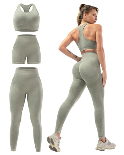 SALSPOR Women's 3 Piece Workout Set Butt Lifting Leggings High Impact Sports Bra Gym Shorts