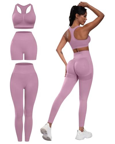 SALSPOR Women's 3 Piece Workout Set Butt Lifting Leggings High Impact Sports Bra Gym Shorts