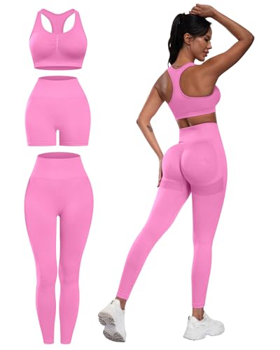 SALSPOR Women's 3 Piece Workout Set Butt Lifting Leggings High Impact Sports Bra Gym Shorts