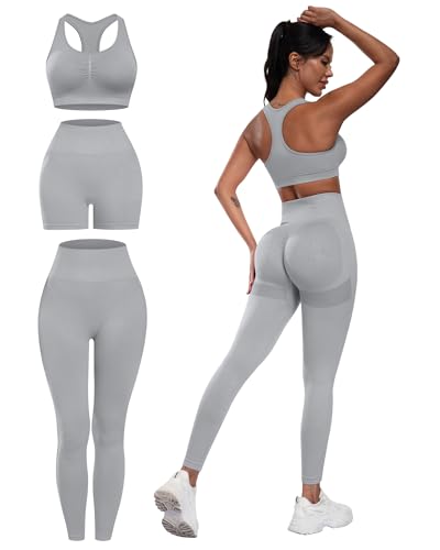 SALSPOR Women's 3 Piece Workout Set Butt Lifting Leggings High Impact Sports Bra Gym Shorts