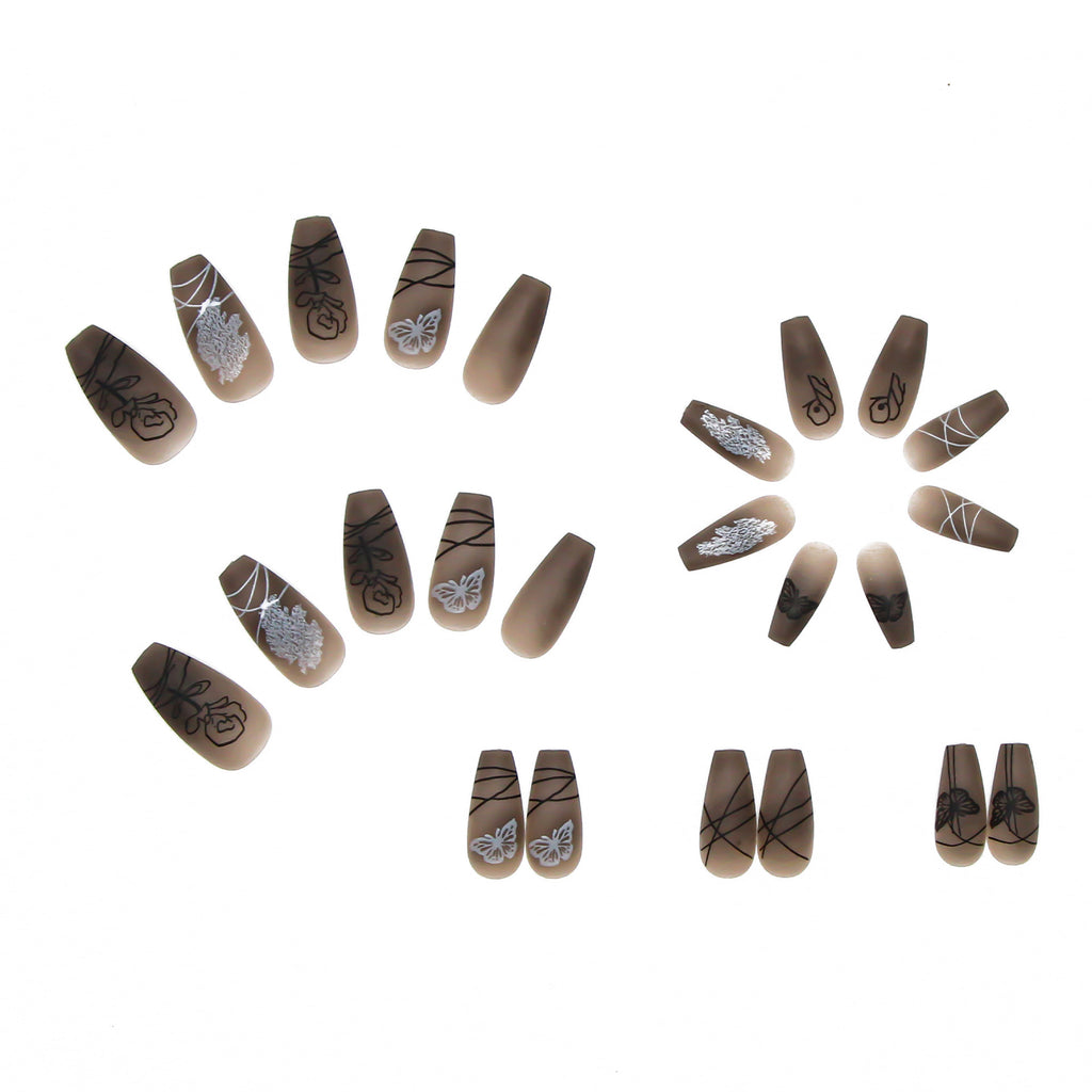 Dark Butterfly Press-On Nails – Long Ballet Reusable False Nails with Glue Tabs