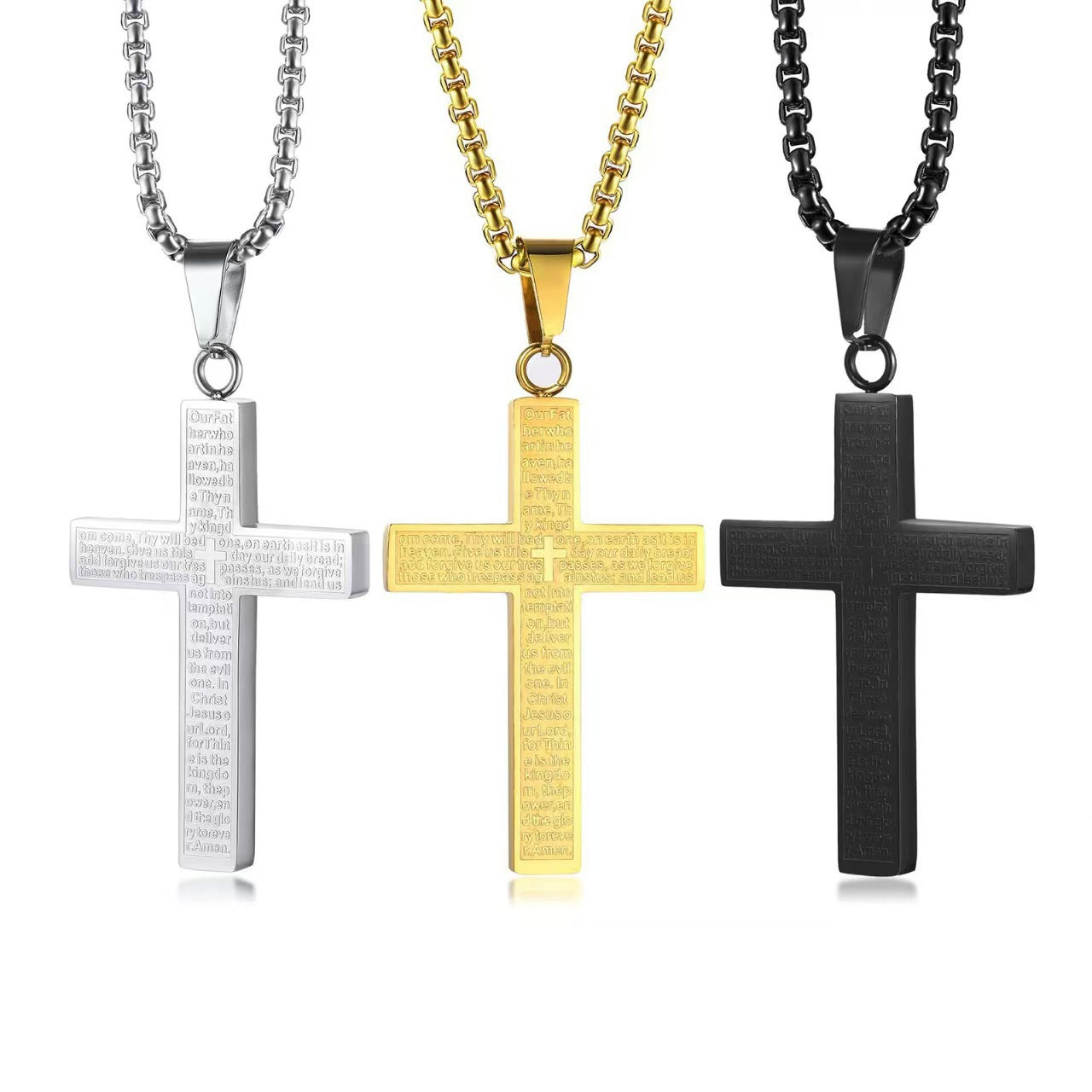 Scripture Cross Pendant Necklace – Titanium Steel Christian Box Chain Necklace