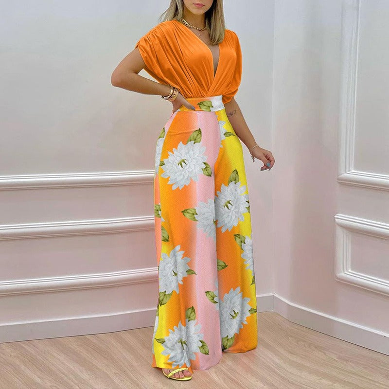 Copy of Women's 2-Piece V-Neck Printed Wide Leg Pants Set – Casual Summer Matching Outfit