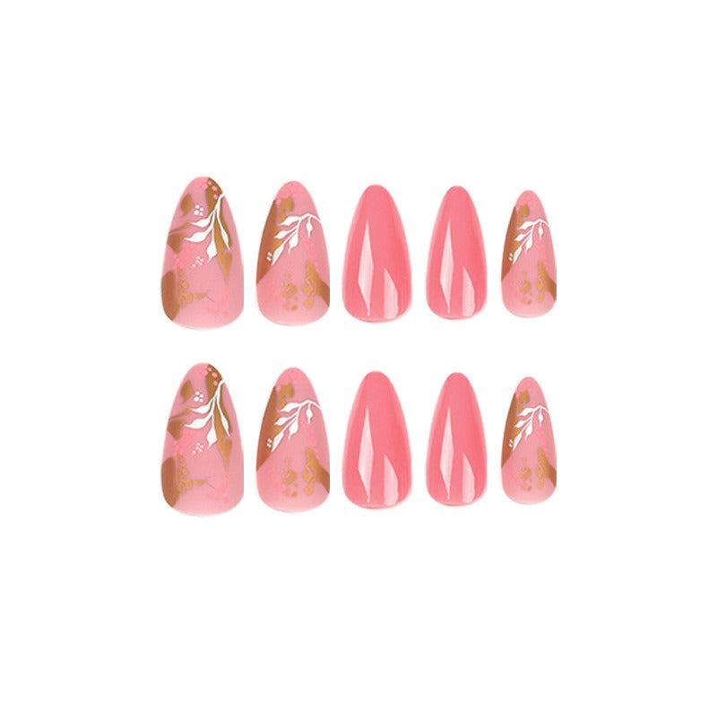 Pink Floral Gold Foil Press-On Nails – Removable Almond False Nails with White Flower Nail Art