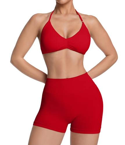 Comper Women's Halter Strappy Sports Bra and Seamless Ribbed Shorts Set