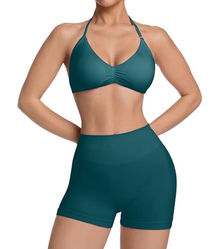 Comper Women's Halter Strappy Sports Bra and Seamless Ribbed Shorts Set