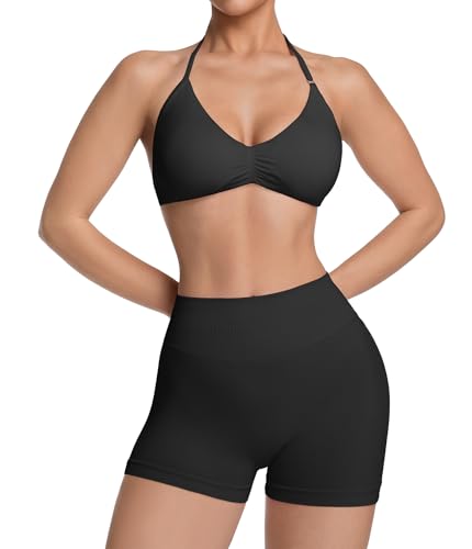 Comper Women's Halter Strappy Sports Bra and Seamless Ribbed Shorts Set