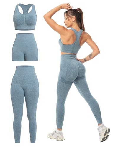 SALSPOR Women's 3 Piece Workout Set Butt Lifting Leggings High Impact Sports Bra Gym Shorts