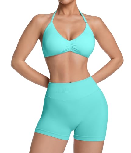 Comper Women's Halter Strappy Sports Bra and Seamless Ribbed Shorts Set