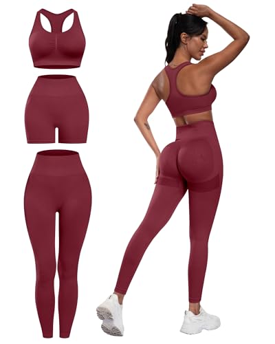SALSPOR Women's 3 Piece Workout Set Butt Lifting Leggings High Impact Sports Bra Gym Shorts