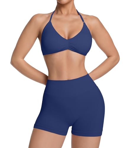 Comper Women's Halter Strappy Sports Bra and Seamless Ribbed Shorts Set