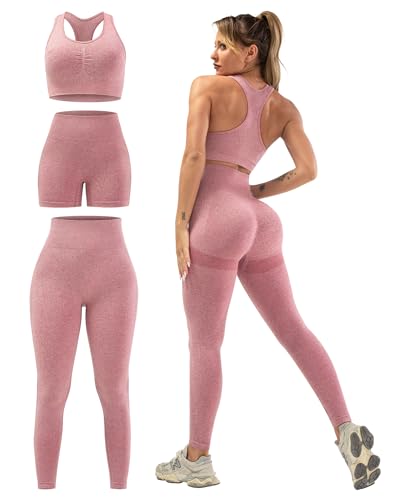 SALSPOR Women's 3 Piece Workout Set Butt Lifting Leggings High Impact Sports Bra Gym Shorts