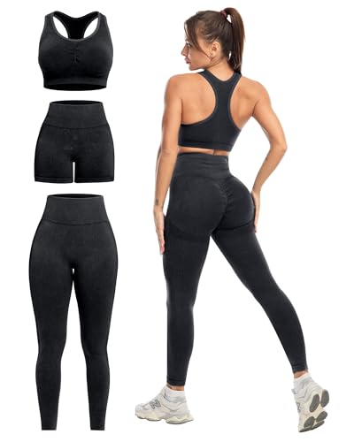 SALSPOR Women's 3 Piece Workout Set Butt Lifting Leggings High Impact Sports Bra Gym Shorts