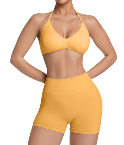 Comper Women's Halter Strappy Sports Bra and Seamless Ribbed Shorts Set
