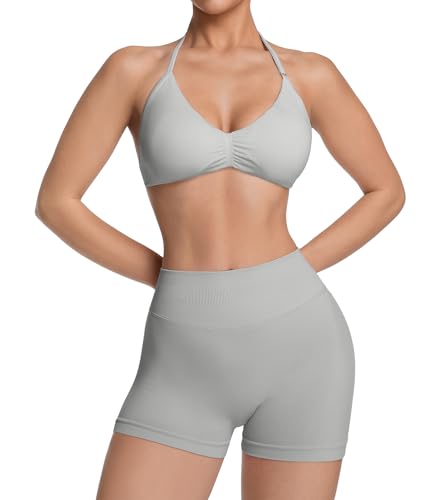 Comper Women's Halter Strappy Sports Bra and Seamless Ribbed Shorts Set