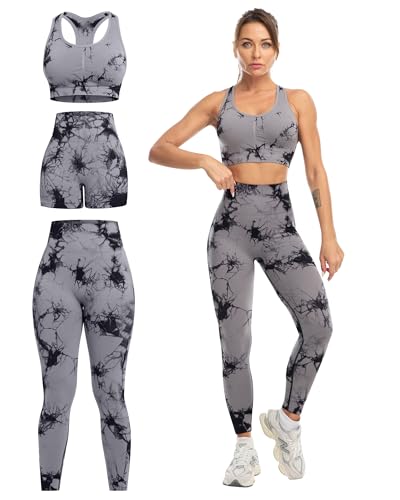 SALSPOR Women's 3 Piece Workout Set Butt Lifting Leggings High Impact Sports Bra Gym Shorts