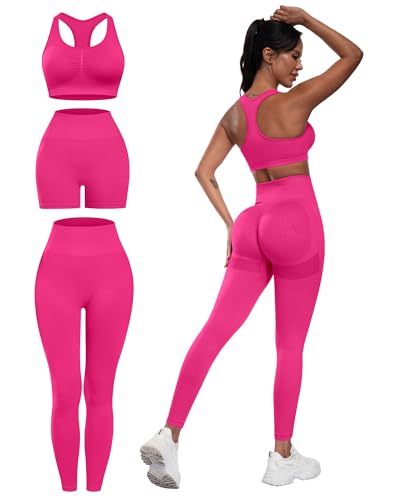 SALSPOR Women's 3 Piece Workout Set Butt Lifting Leggings High Impact Sports Bra Gym Shorts