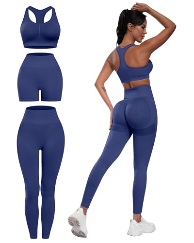 SALSPOR Women's 3 Piece Workout Set Butt Lifting Leggings High Impact Sports Bra Gym Shorts