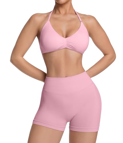 Comper Women's Halter Strappy Sports Bra and Seamless Ribbed Shorts Set