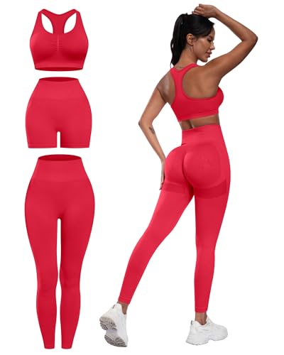 SALSPOR Women's 3 Piece Workout Set Butt Lifting Leggings High Impact Sports Bra Gym Shorts