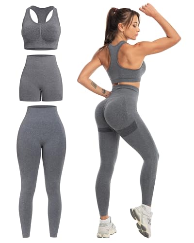 SALSPOR Women's 3 Piece Workout Set Butt Lifting Leggings High Impact Sports Bra Gym Shorts