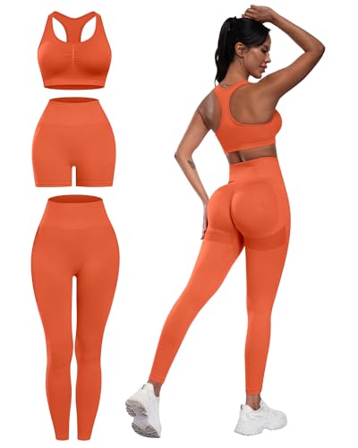SALSPOR Women's 3 Piece Workout Set Butt Lifting Leggings High Impact Sports Bra Gym Shorts