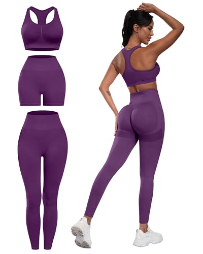 SALSPOR Women's 3 Piece Workout Set Butt Lifting Leggings High Impact Sports Bra Gym Shorts