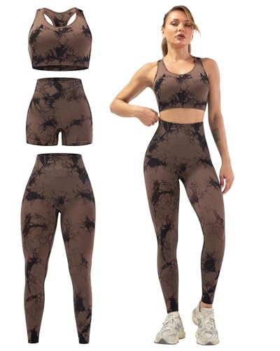 SALSPOR Women's 3 Piece Workout Set Butt Lifting Leggings High Impact Sports Bra Gym Shorts