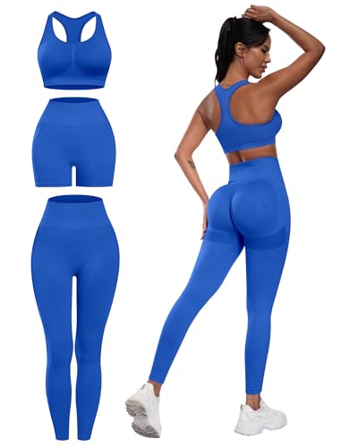 SALSPOR Women's 3 Piece Workout Set Butt Lifting Leggings High Impact Sports Bra Gym Shorts