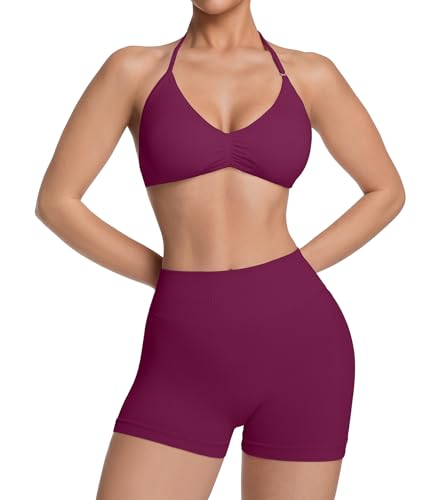 Comper Women's Halter Strappy Sports Bra and Seamless Ribbed Shorts Set
