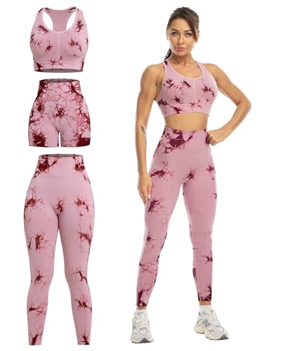 SALSPOR Women's 3 Piece Workout Set Butt Lifting Leggings High Impact Sports Bra Gym Shorts