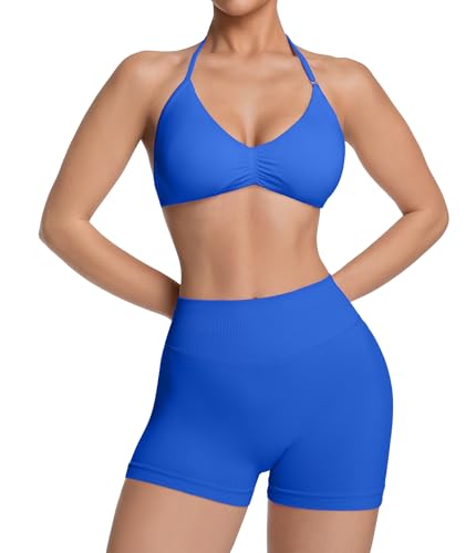 Comper Women's Halter Strappy Sports Bra and Seamless Ribbed Shorts Set